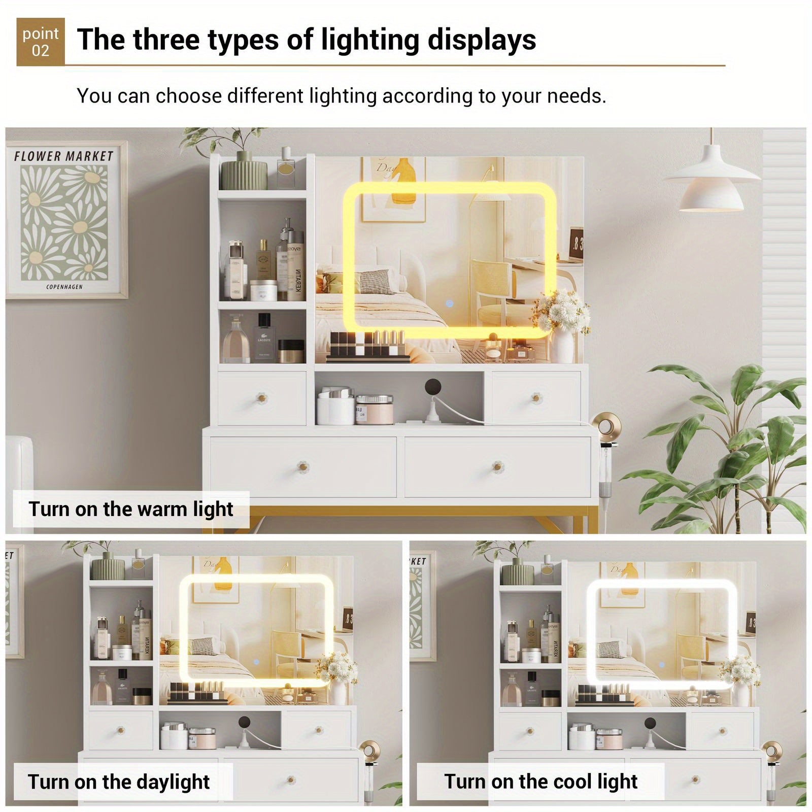 Elegant Modern Vanity Desk and Stool Set with Illuminated Mirror & Built-in Charging Station - White & Golden Dressing Table with Spacious Drawers
