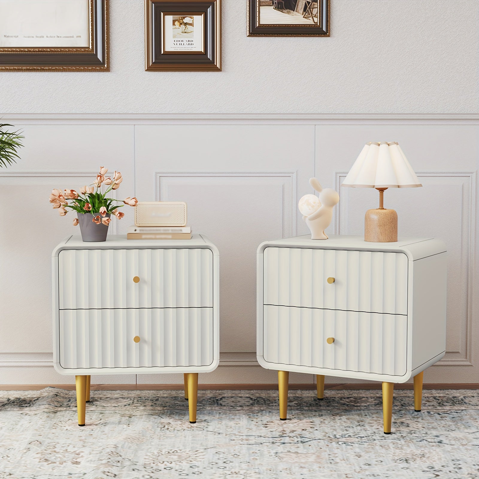 Modern Nightstand, Fluted Bed Side Table with 2 Drawers Storage, Wood End Table with Golden Metal Handle, Night Stands for Bedroom