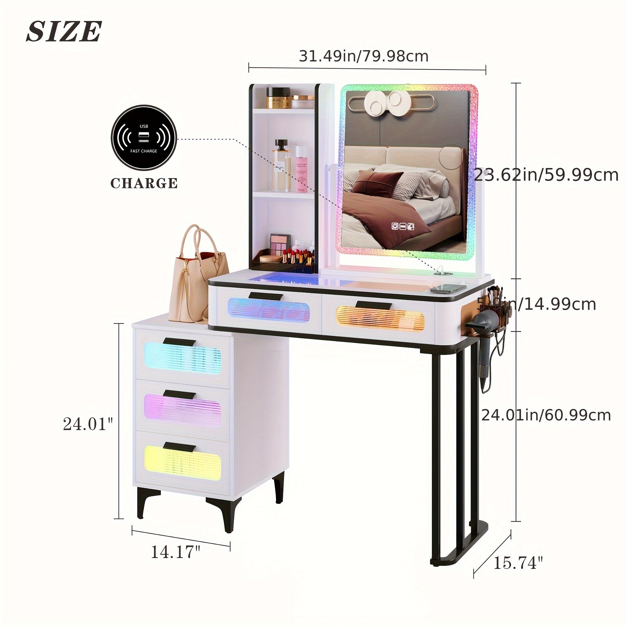 Grey Vanity Desk With Mirror & Lights, Glam Glass Top Makeup Desk With Hidden&Open Storage Shelves