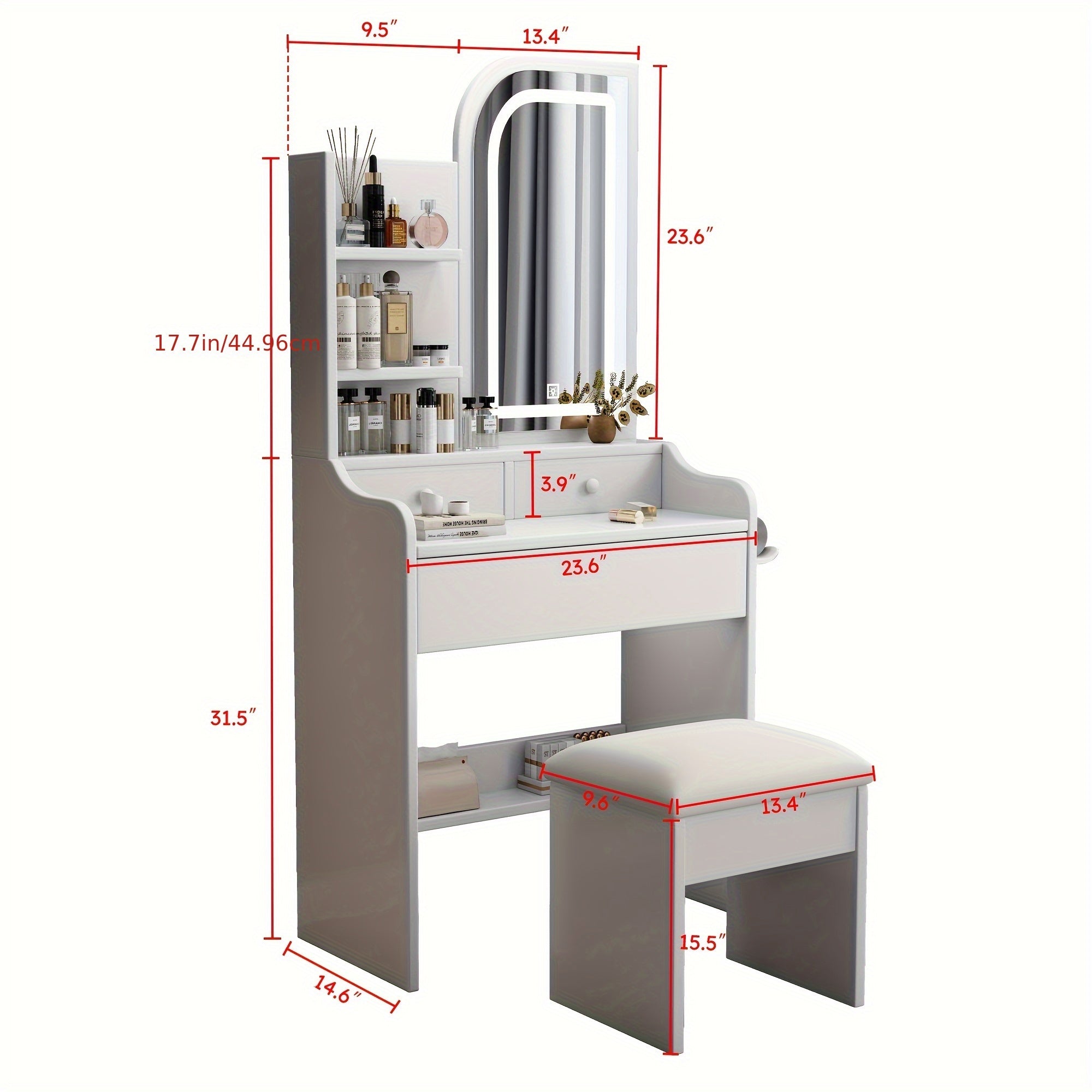 White Fashion Dressing Table Adjustable White Fashion Dressing Table with Mirror, Hair Dryer Stand, Chair And Table, 3 Drawers, 3 Modes