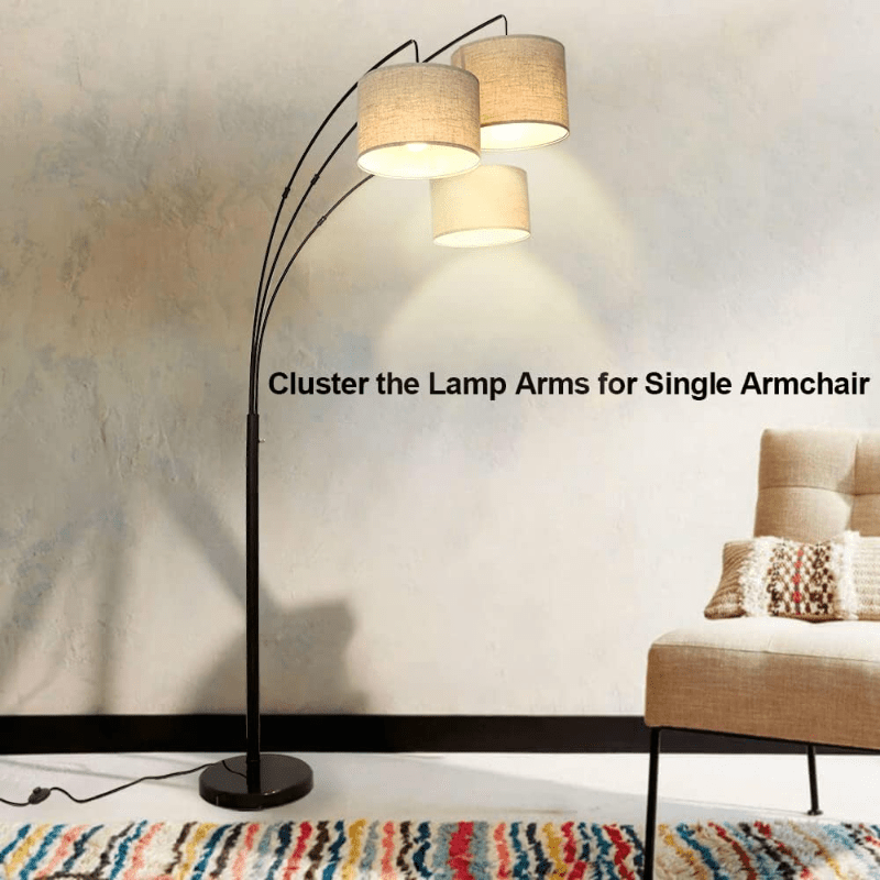 3-Light Modern LED Floor Lamp with Adjustable Arc Arms & Hanging Drum Shades - Black Metal Standing Light