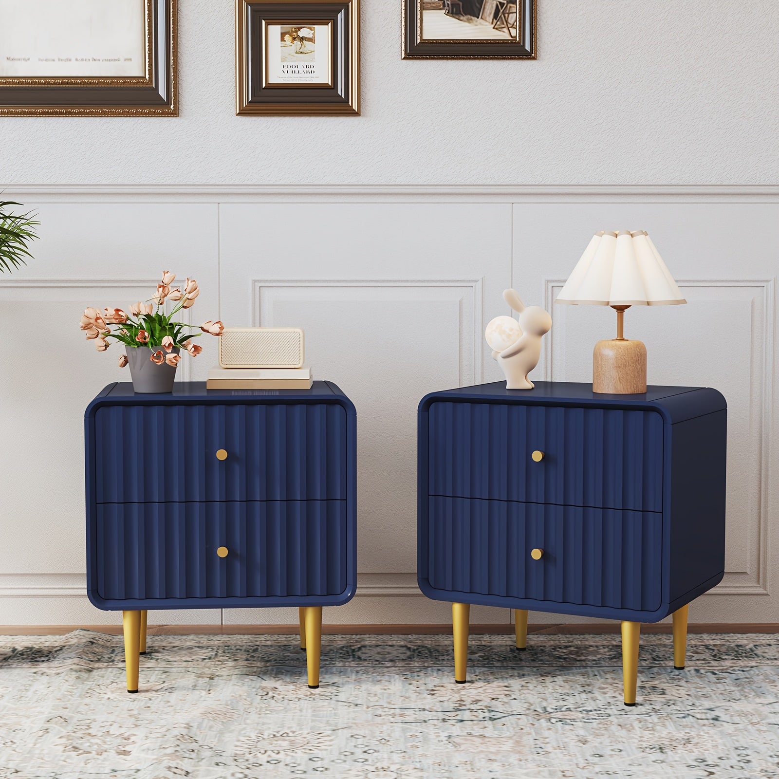Blue Modern Nightstand, Fluted Bed Side Table With 2 Drawers Storage, Wood End Table With Golden Metal Handle, Night Stands For Bedroom