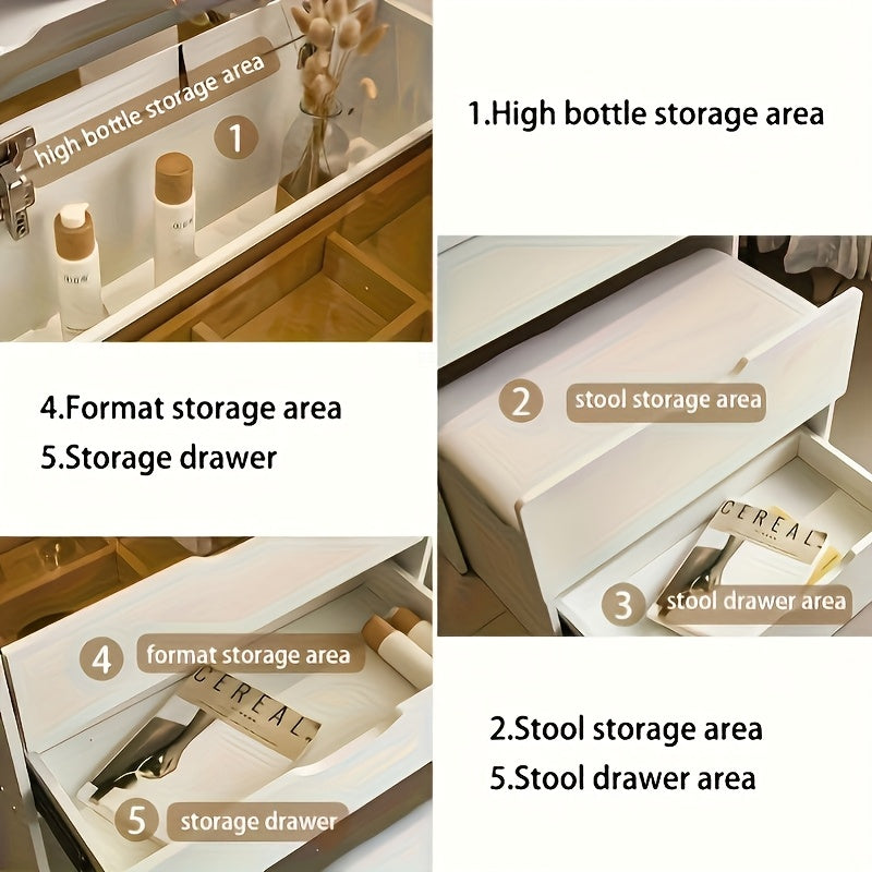 3-in-1 Vanity Desk with Mirror And Lights, Small Vanity Desk Set with Visible Glass Tabletop, 3 Drawers, Storage Bench