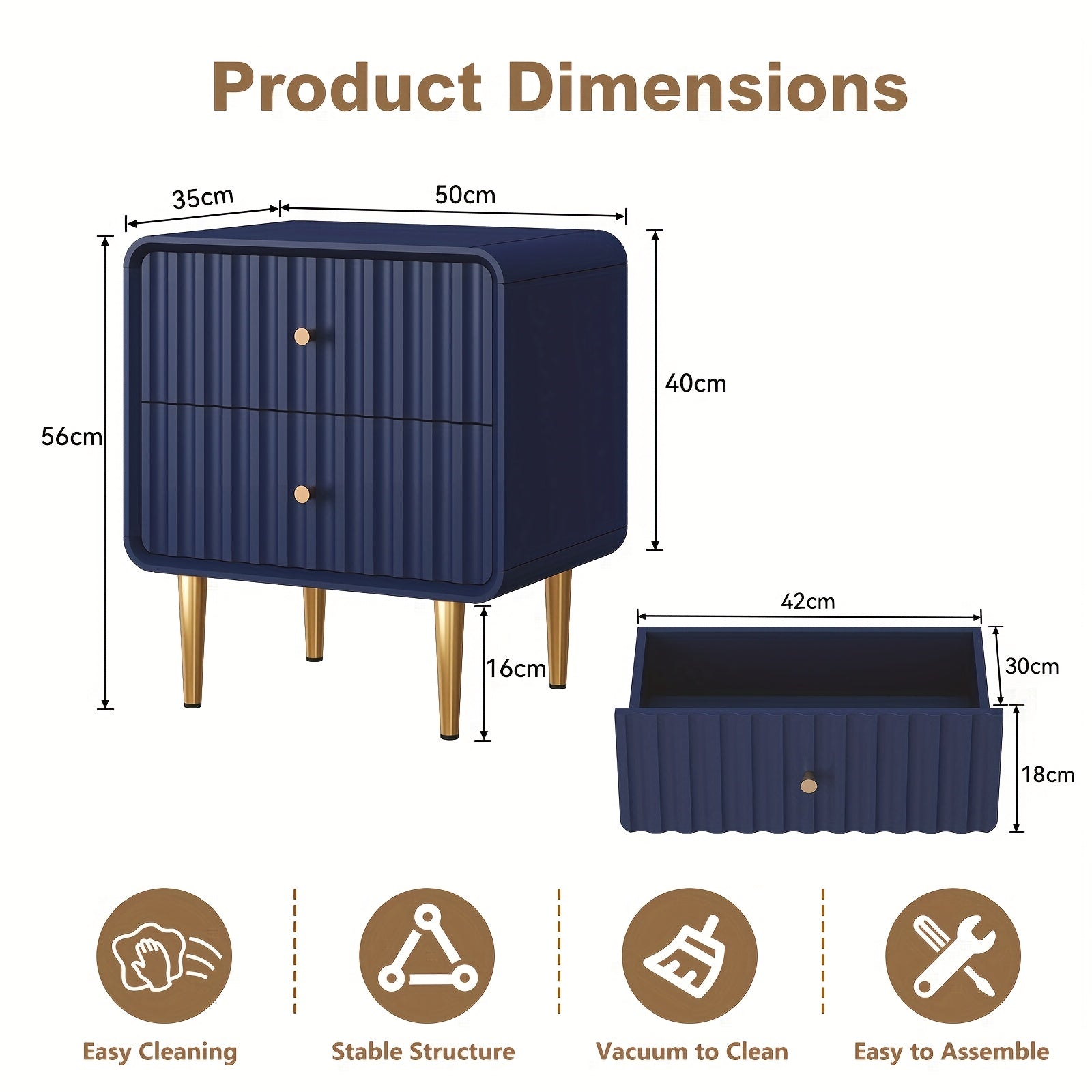 Blue Modern Nightstand, Fluted Bed Side Table With 2 Drawers Storage, Wood End Table With Golden Metal Handle, Night Stands For Bedroom