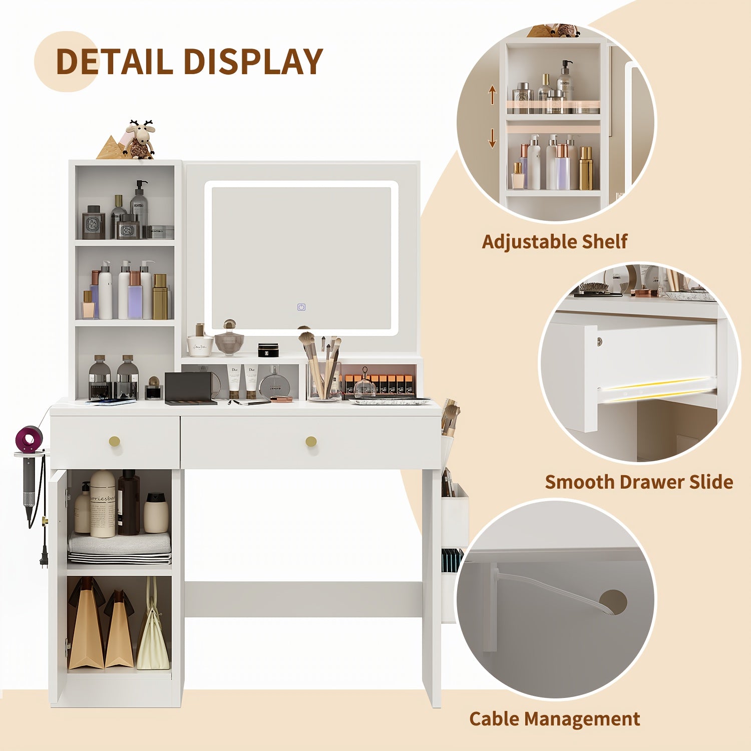 Makeup Vanity Desk With LED Lighted Mirror & Power Outlet, Vanity Table With Storage Cabinet