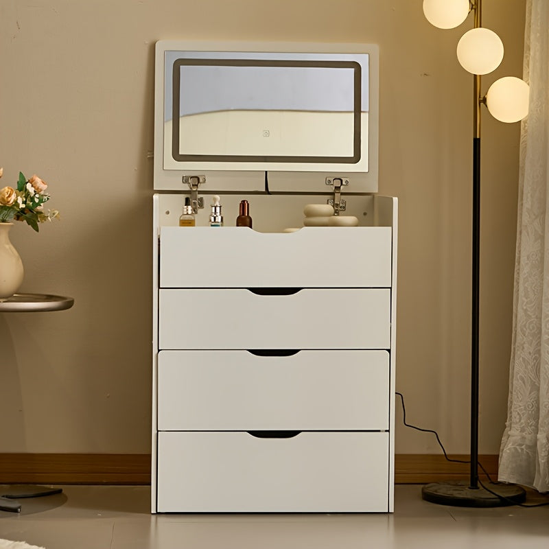 3-in-1 Vanity Desk with Mirror And Lights, Small Vanity Desk Set with Visible Glass Tabletop, 3 Drawers, Storage Bench