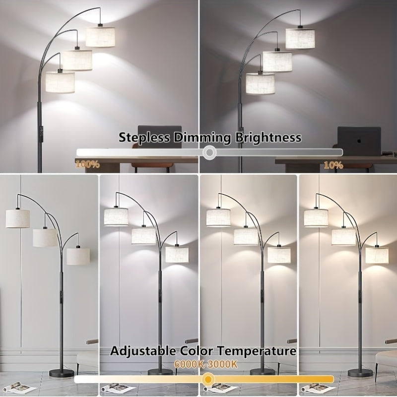 3-Light Modern LED Floor Lamp with Adjustable Arc Arms & Hanging Drum Shades - Black Metal Standing Light