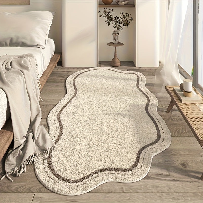 Modern Irregular Cloud-Shaped Plush Area Mat - Soft & Thick 10mm Pile, Non-Slip PVC Backing, Beige & Cream Design, Hand Wash Only