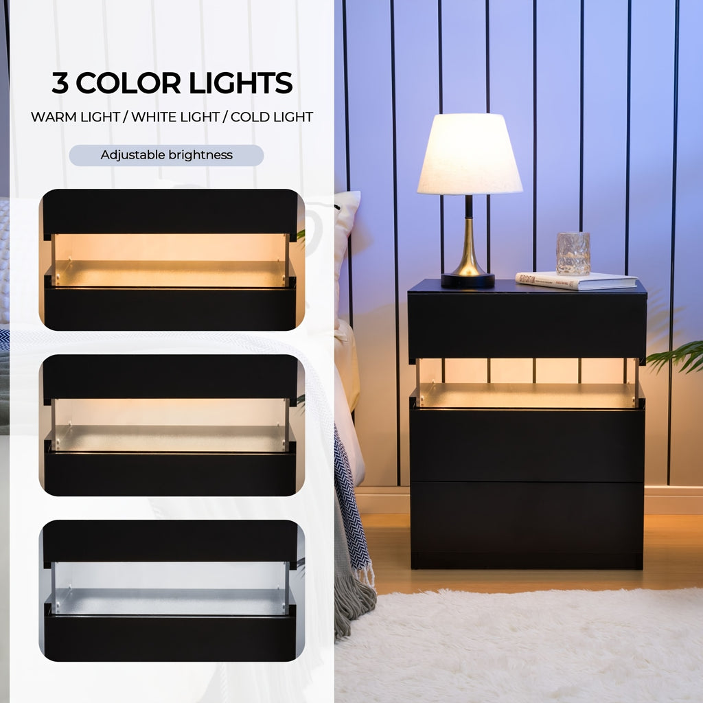Modern LED Bedside Table with 2 Drawers - White Wooden Nightstand, 3.2+ Cubic Feet Storage, 27\