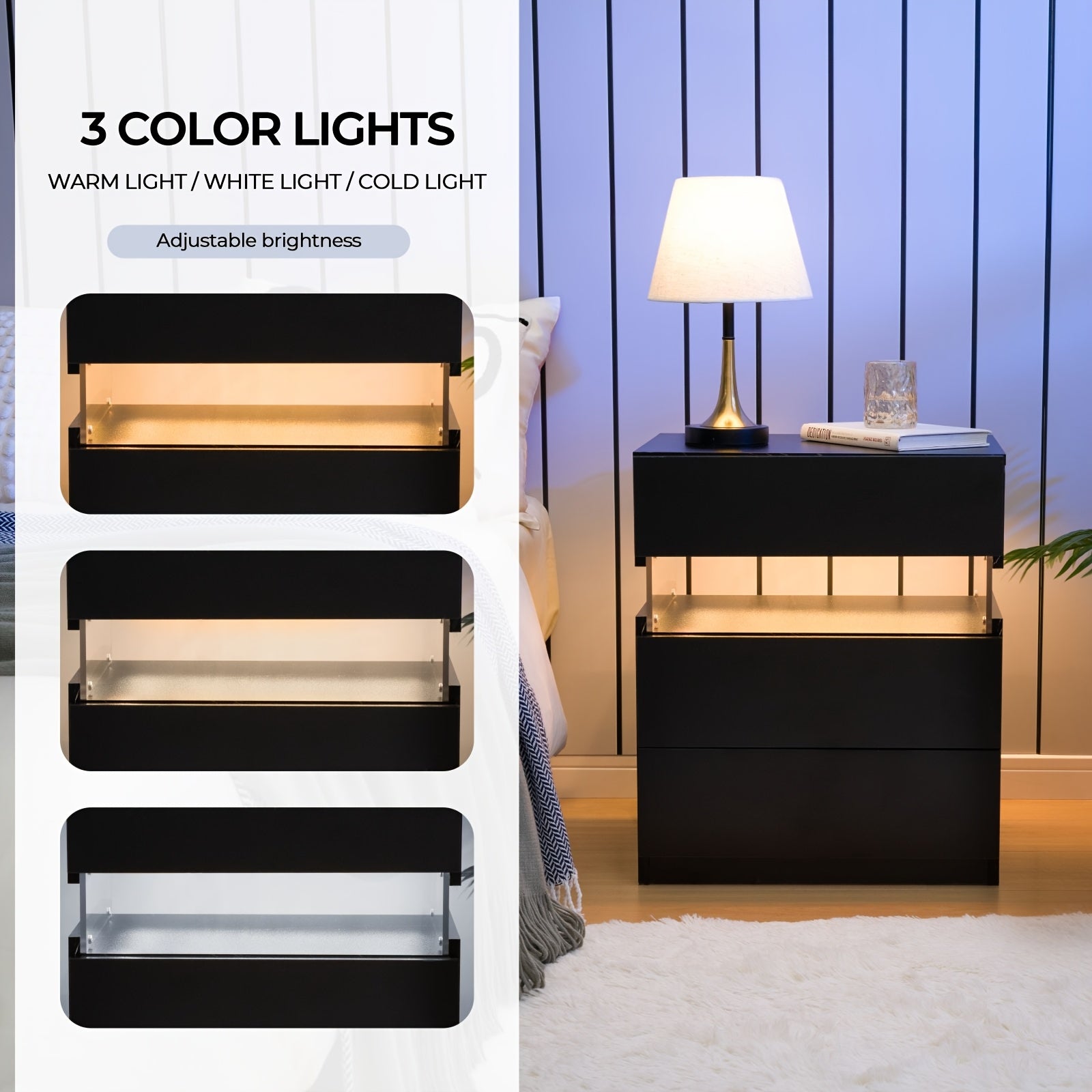 Modern LED Bedside Table with 2 Drawers - White Wooden Nightstand, 3.2+ Cubic Feet Storage, 27\