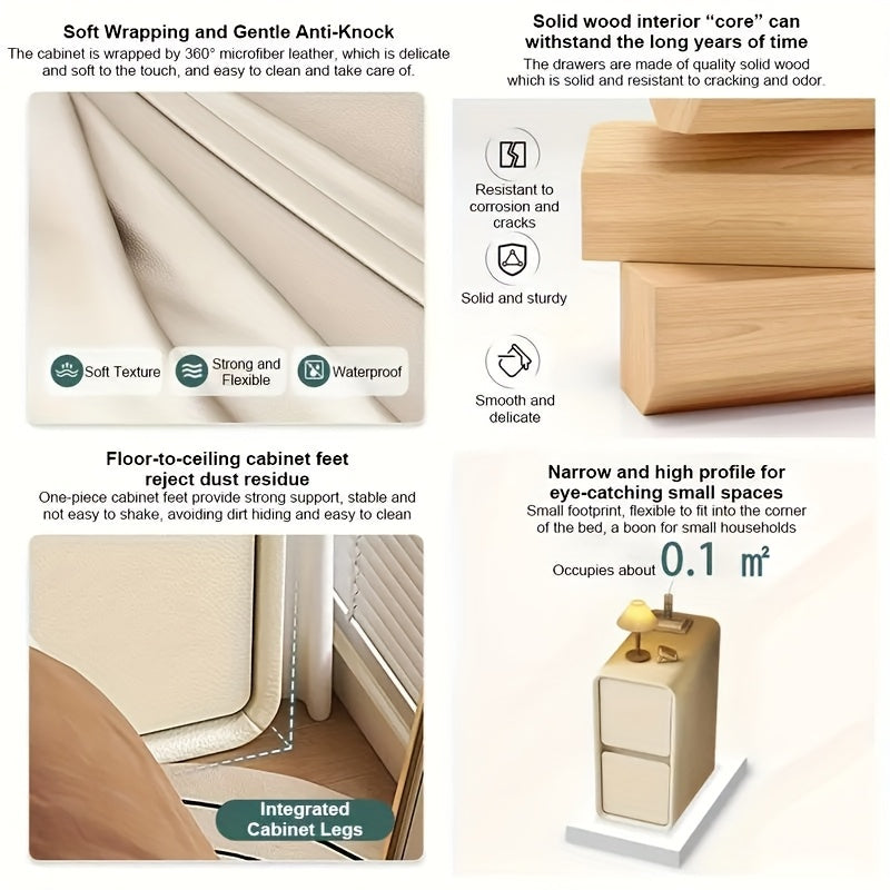 Modern Narrow Faux Leather Nightstand with Solid Wood Drawer - Cream White Bedside Table