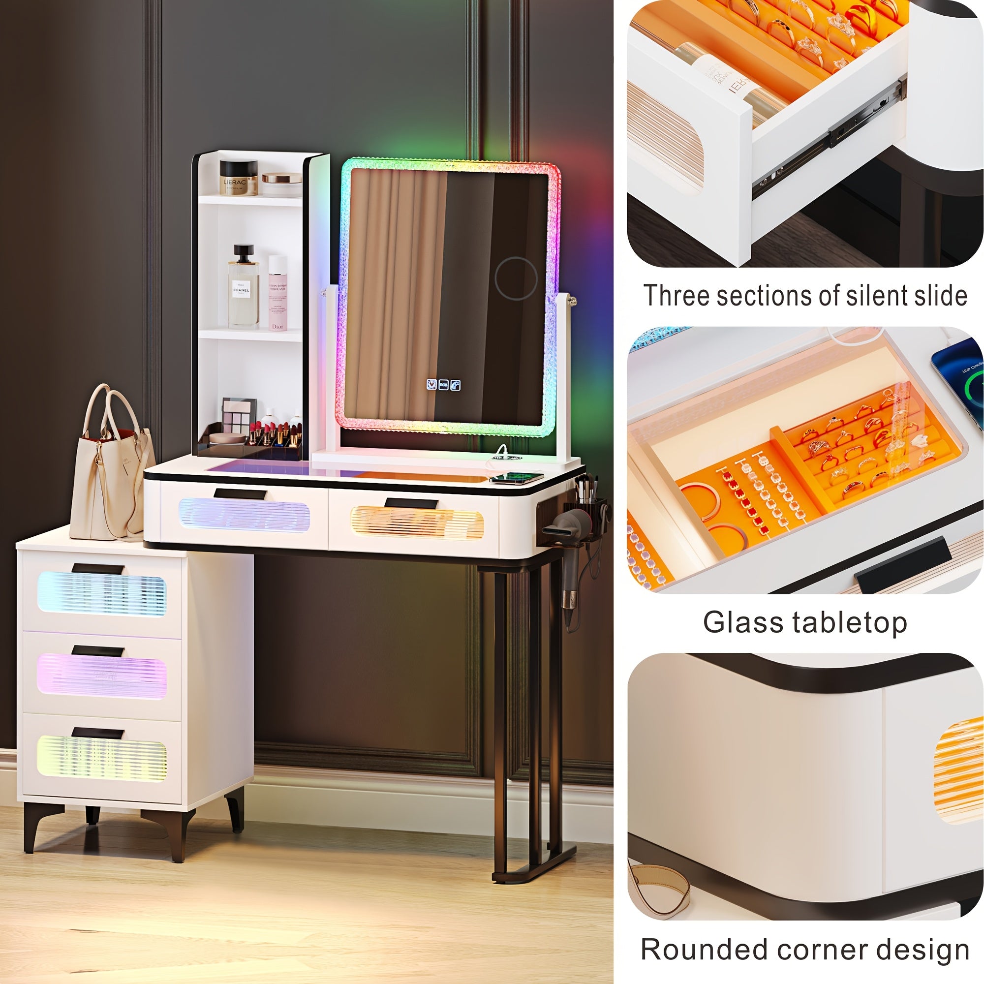 Grey Vanity Desk With Mirror & Lights, Glam Glass Top Makeup Desk With Hidden&Open Storage Shelves