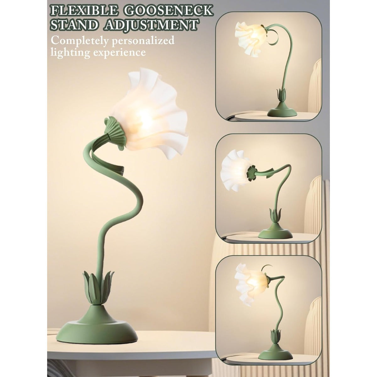 Vintage Modern Flower Table Lamp with LED Bedside Light - 3 Lighting Modes, Green Base & Soft Shade