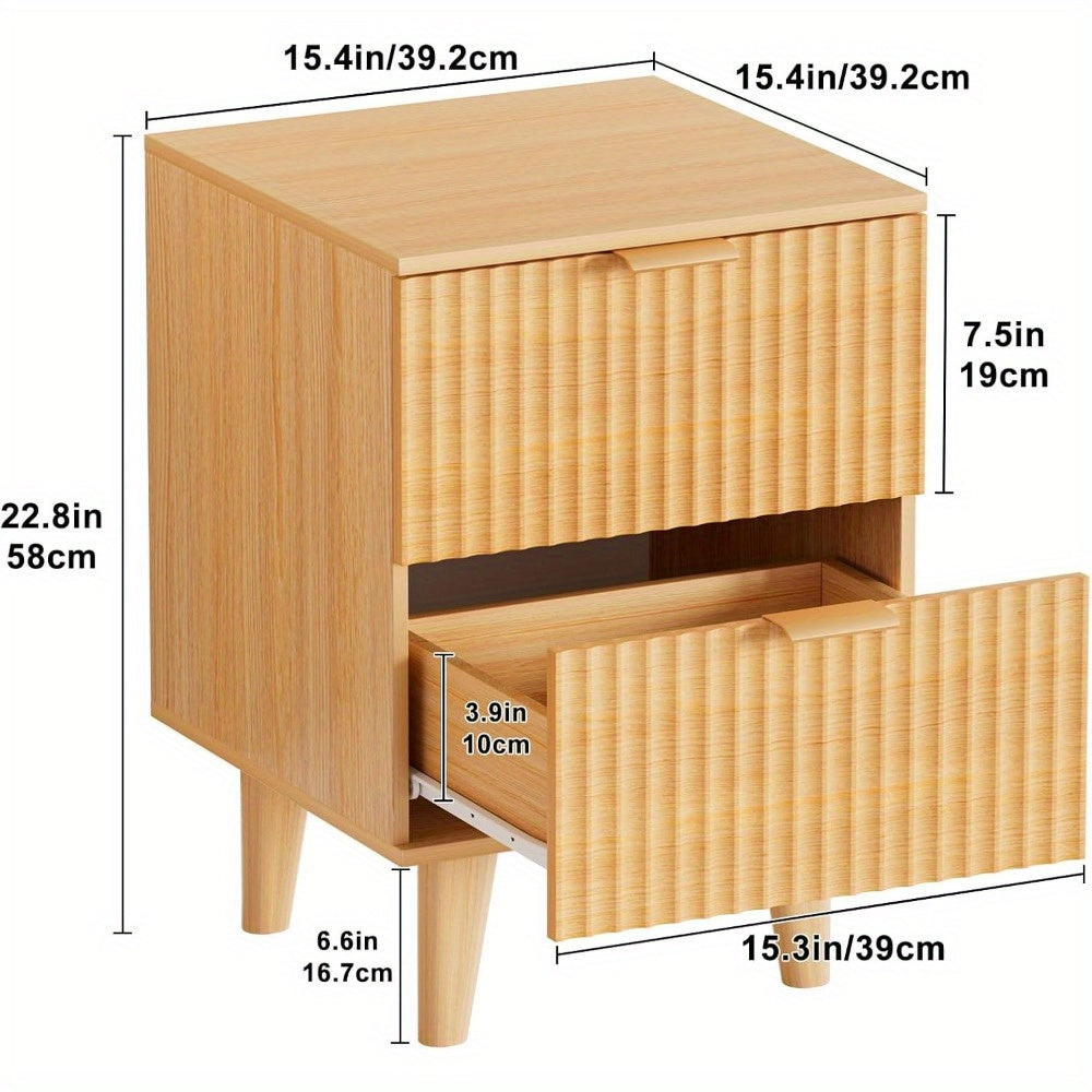 Urban Deco Fluted Nightstands Set 2, Mid Century Modern Nightstand, Wooden End Table with 2 Fluted Drawers & Storage for Bedroom