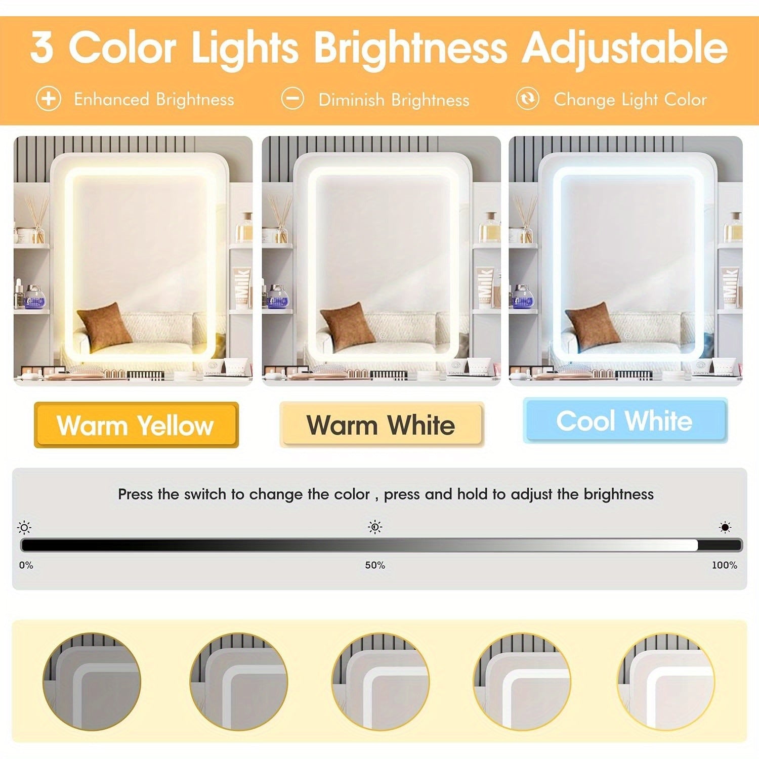 Vanity Desk with Mirror and Lights, Small Vanity Table for Bedroom with Lots Storage, Cute Vanity Makeup Table, 3 Lighting Modes