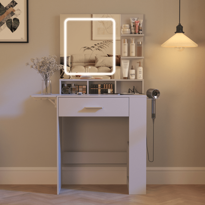 Elegant Hardwood Dressing Table with Mirror, Lighting, and Charging Station for Bedroom Organization