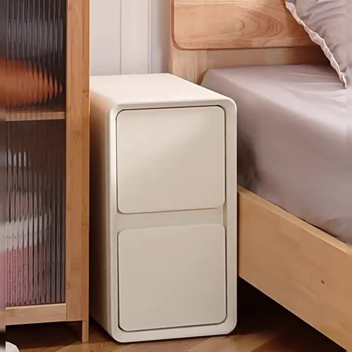 Modern Narrow Faux Leather Nightstand with Solid Wood Drawer - Cream White Bedside Table