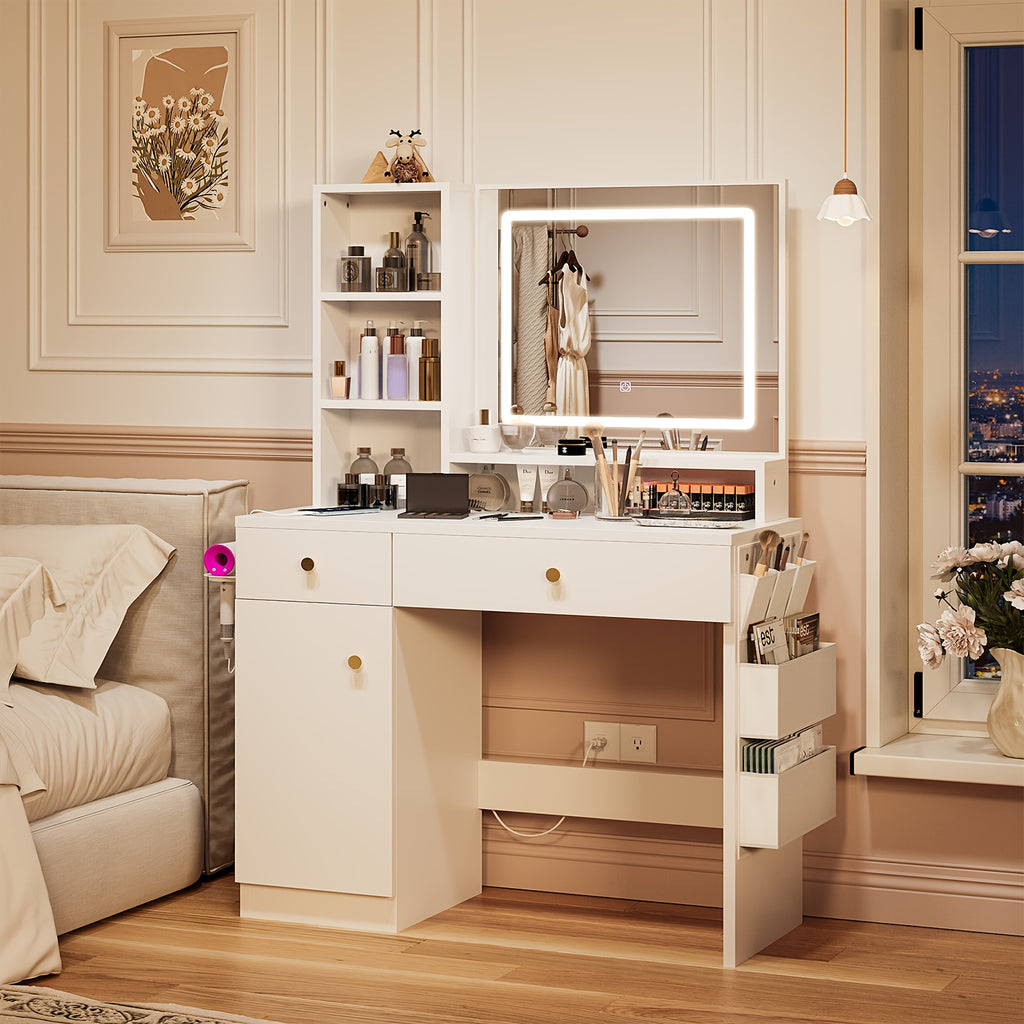 Makeup Vanity Desk With LED Lighted Mirror & Power Outlet, Vanity Table With Storage Cabinet
