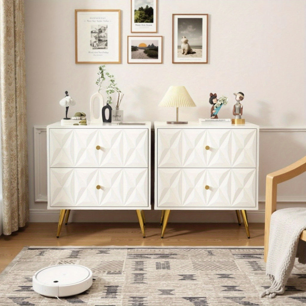 Nightstand, Nightstands with 2 Diamond Pattern Drawers, Modern End Table Side Table with Golden Handle & Legs