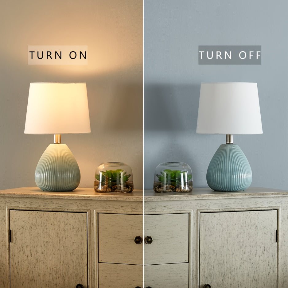 Set of 2 Contemporary Ceramic Table Lamps in Blue, Featuring Vertical Stripes, Each Measuring 15.5 Inches