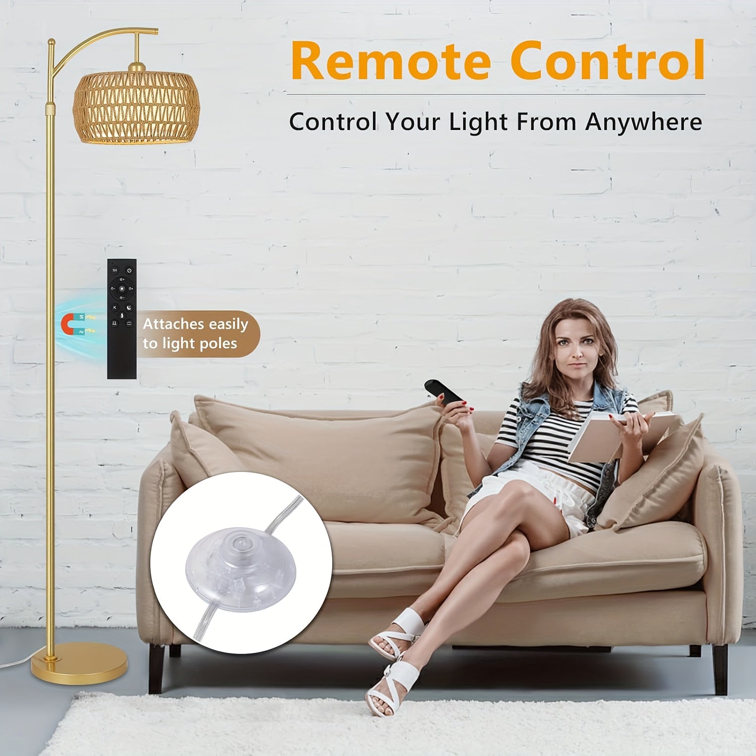 Modern Arc Floor Lamp with Remote Control - Adjustable Standing Light, Dimmable LED Bulb