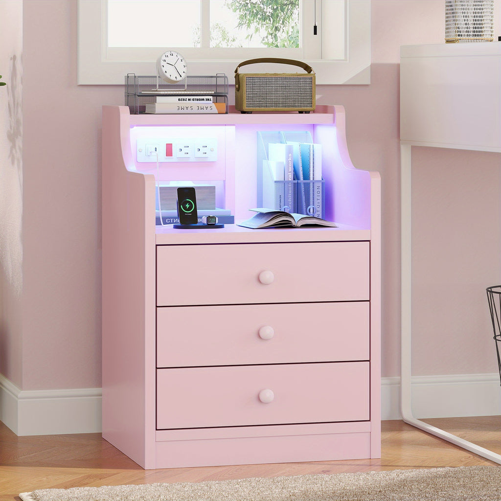Three Drawer Pink Nightstand with Charging Station