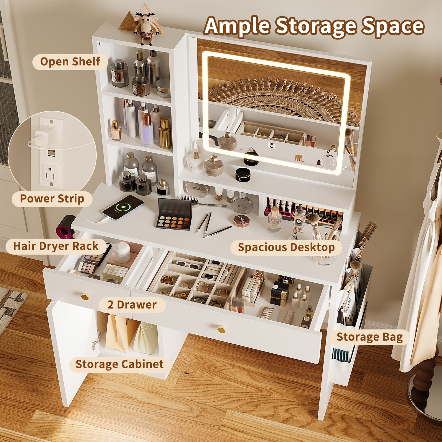 Makeup Vanity Desk With LED Lighted Mirror & Power Outlet, Vanity Table With Storage Cabinet