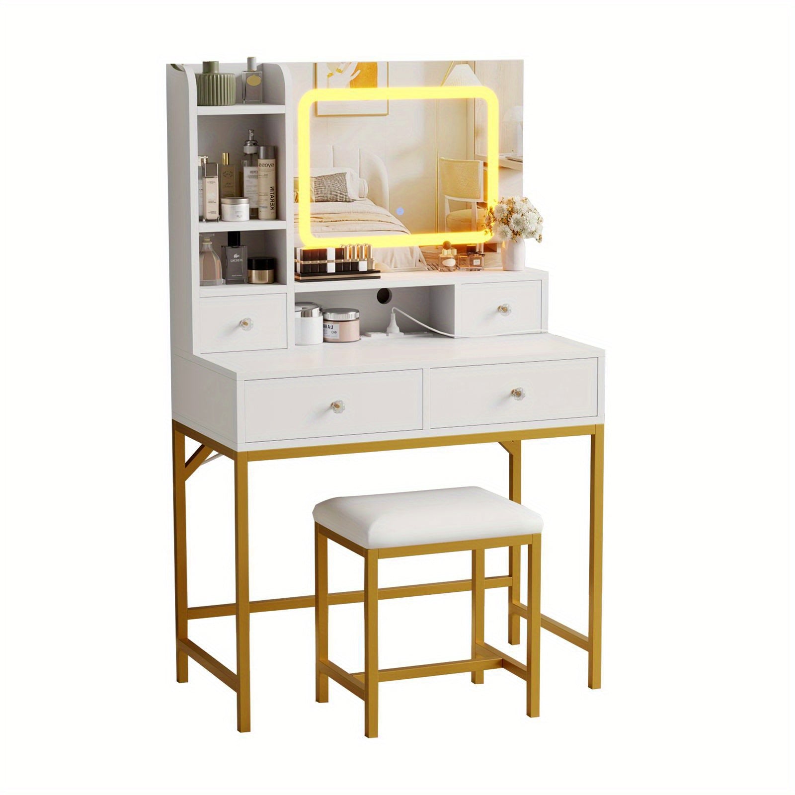 Elegant Modern Vanity Desk and Stool Set with Illuminated Mirror & Built-in Charging Station - White & Golden Dressing Table with Spacious Drawers