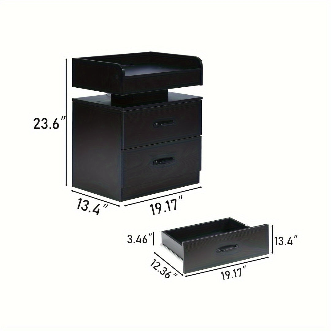 Black Nightstand with Charging Station, Night Stand with LED Lights, Modern LED End Table Nightstand for Bedroom