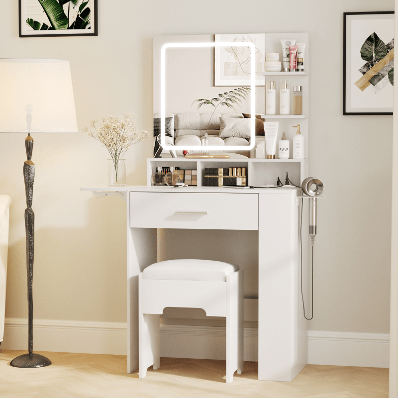 Elegant Hardwood Dressing Table with Mirror, Lighting, and Charging Station for Bedroom Organization