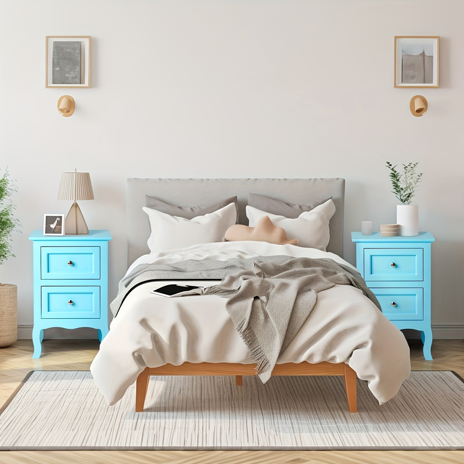 Pastoral Style Double Drawer Bedside Table White Black Blue Pink Brown Grey Color Painted Surface Density Board Cost-effective Bedroom Furn0iture Pastoral Style Double Drawer Bedside Table Suitable for A Variety Of Scenarios