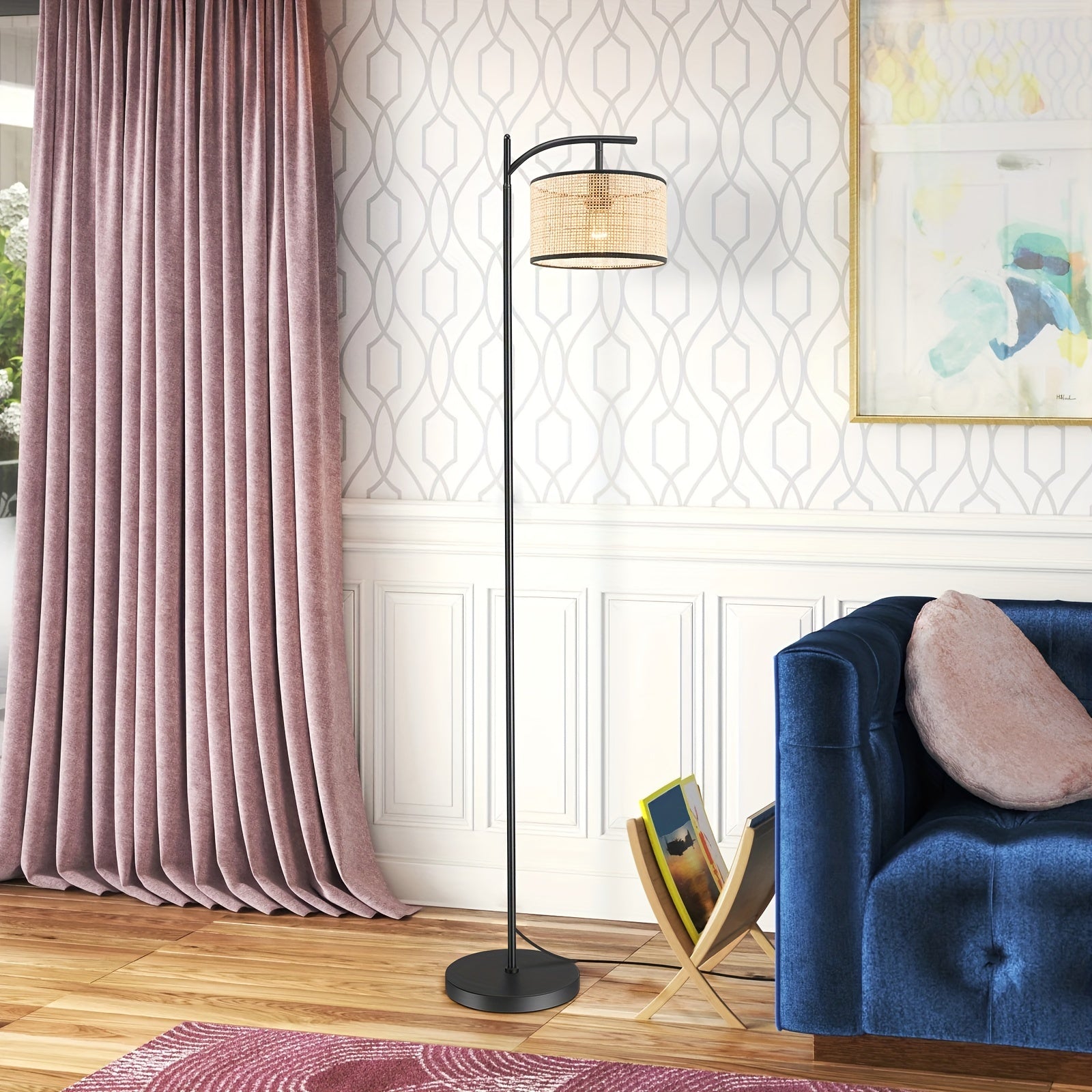 1PC Vintage Floor Lamp with Rattan Lampshade Footswitch Pole Standing Light for Bedroom Living Room Office Study Reading 110V