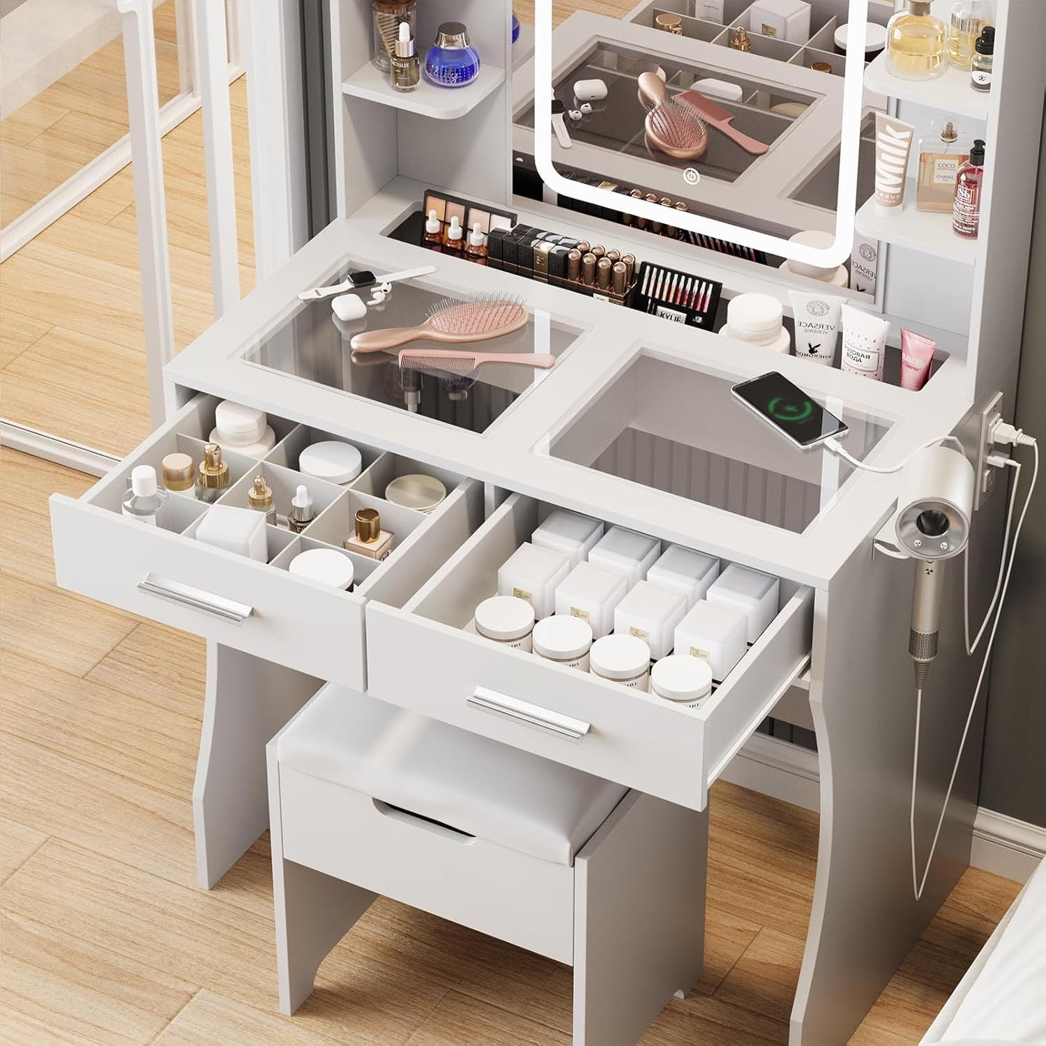 Vanity Desk with Mirror and Lights, Small Vanity Table for Bedroom with Lots Storage, Cute Vanity Makeup Table, 3 Lighting Modes