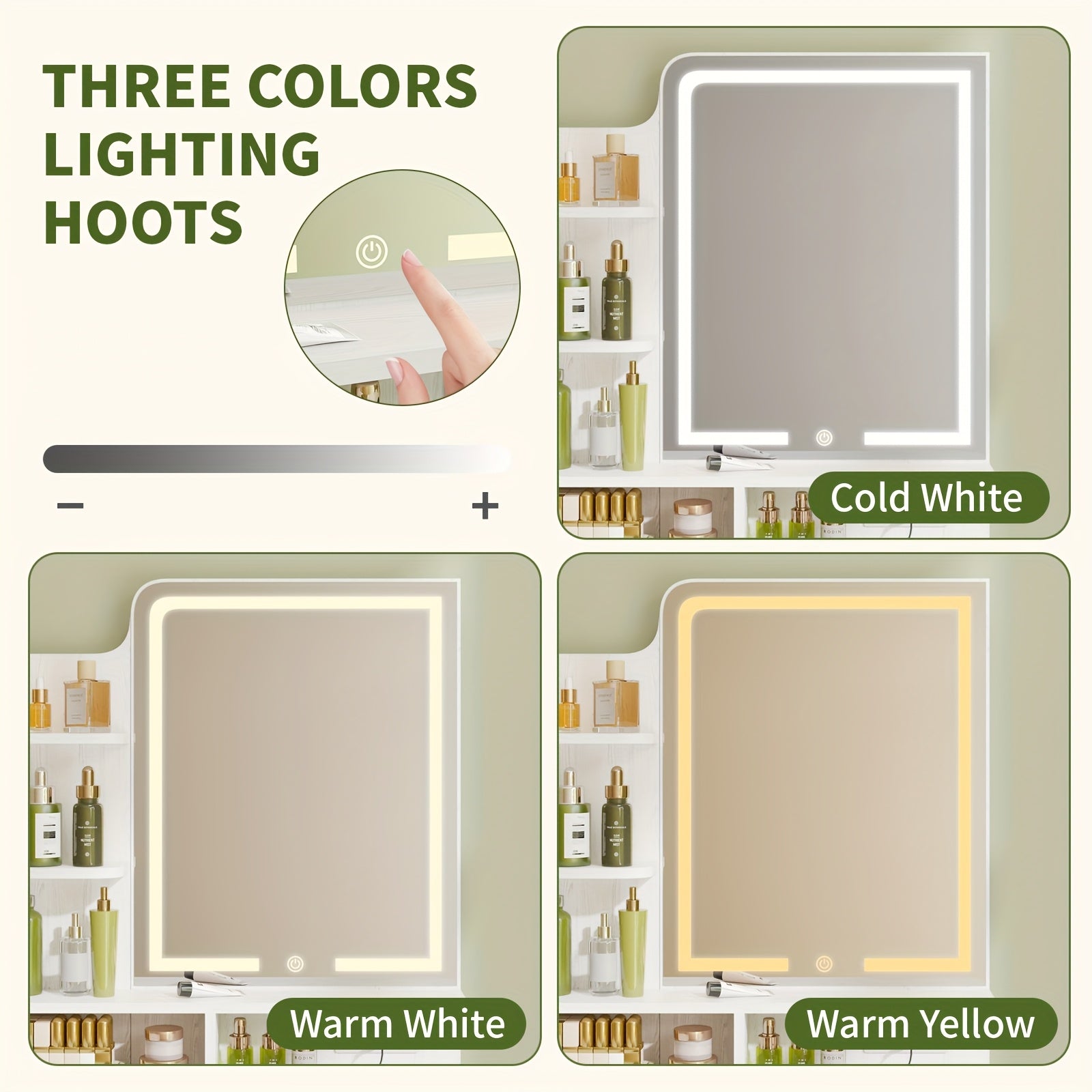 WHONLINE Makeup Vanity Desk with Mirror And Lights, Small Vanity with Fabric Storage Drawer & Chair & Shelves