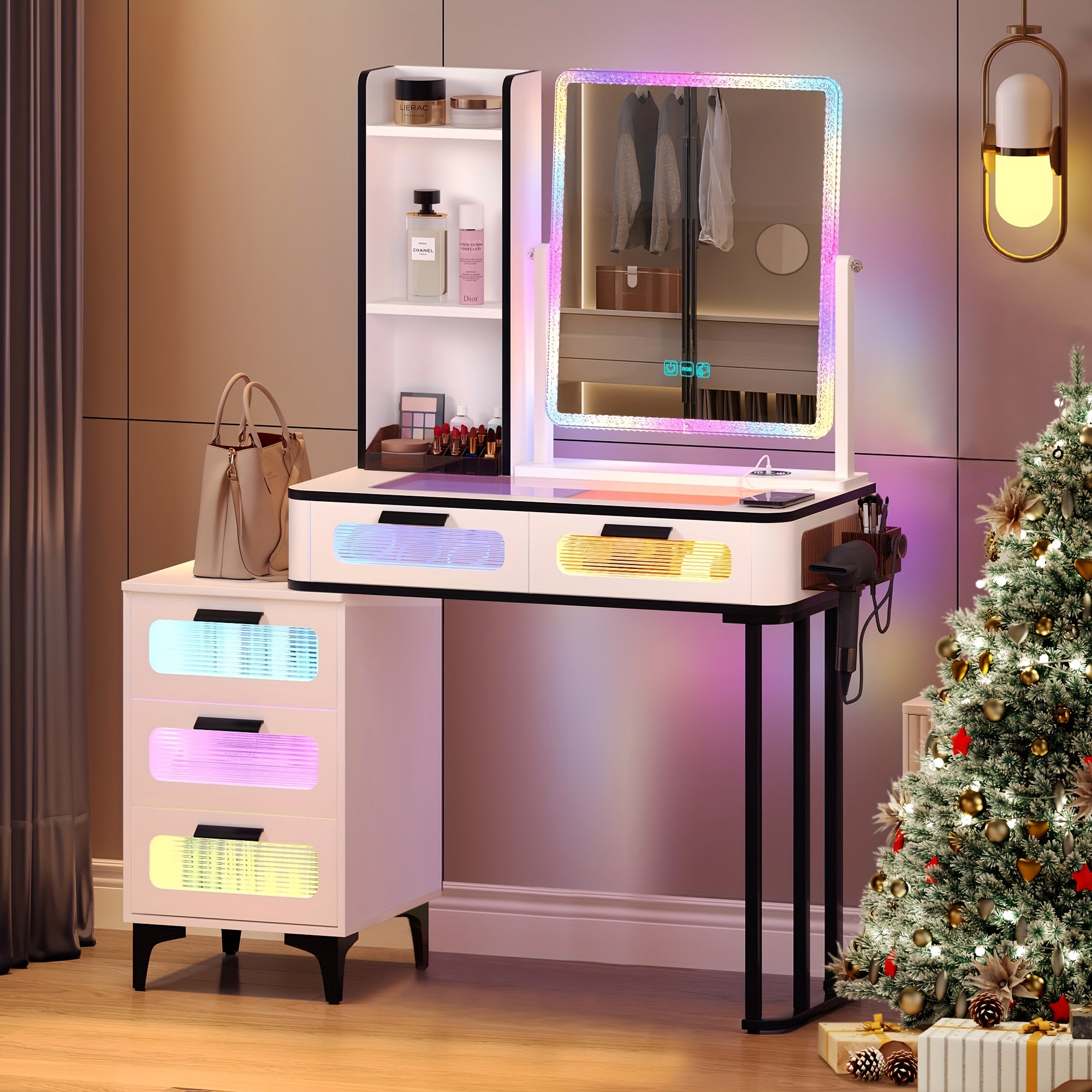 Grey Vanity Desk With Mirror & Lights, Glam Glass Top Makeup Desk With Hidden&Open Storage Shelves