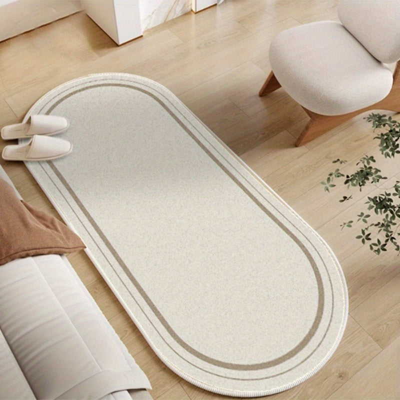 1pc 10mm Thick High-Quality Imitation Cashmere Oval Runner Mat - Cream Beige Modern Simple Line Printing