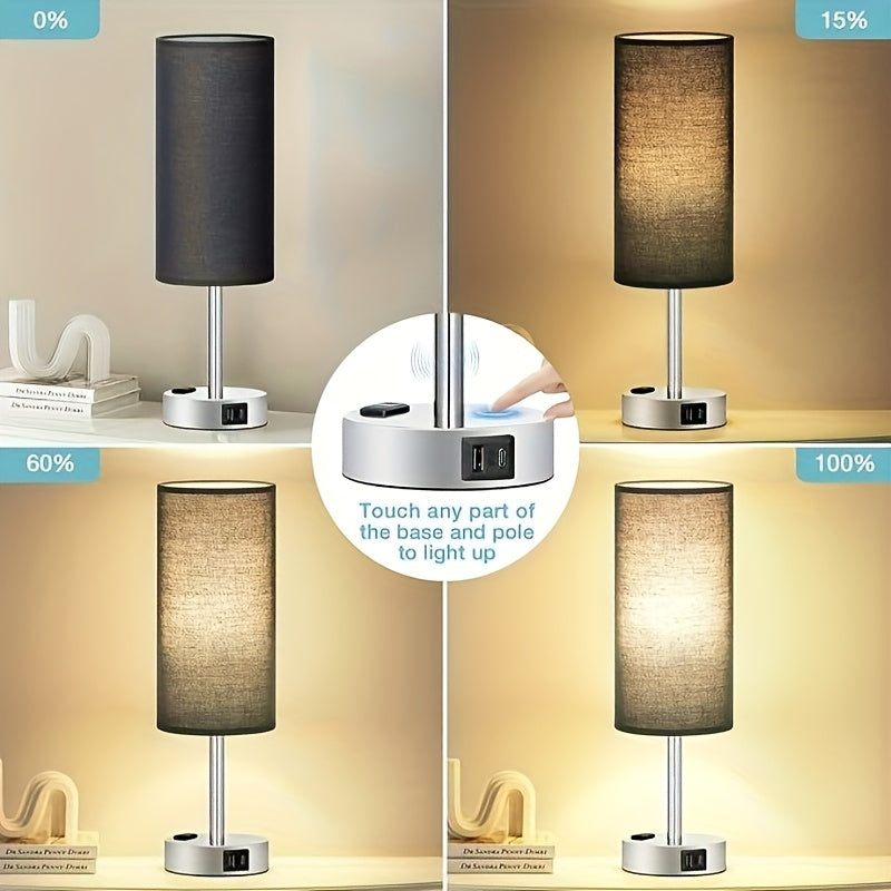 1\u002F2pcs Modern Bedside Table Lamp with Touch Control, 3-Way Dimmable, USB-C Charging Ports & AC Outlet