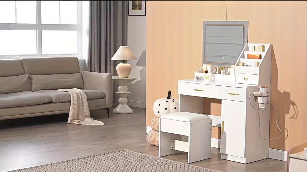 White Contemporary Dresser with Mirror - 3.2 Cu Ft Storage, 27\