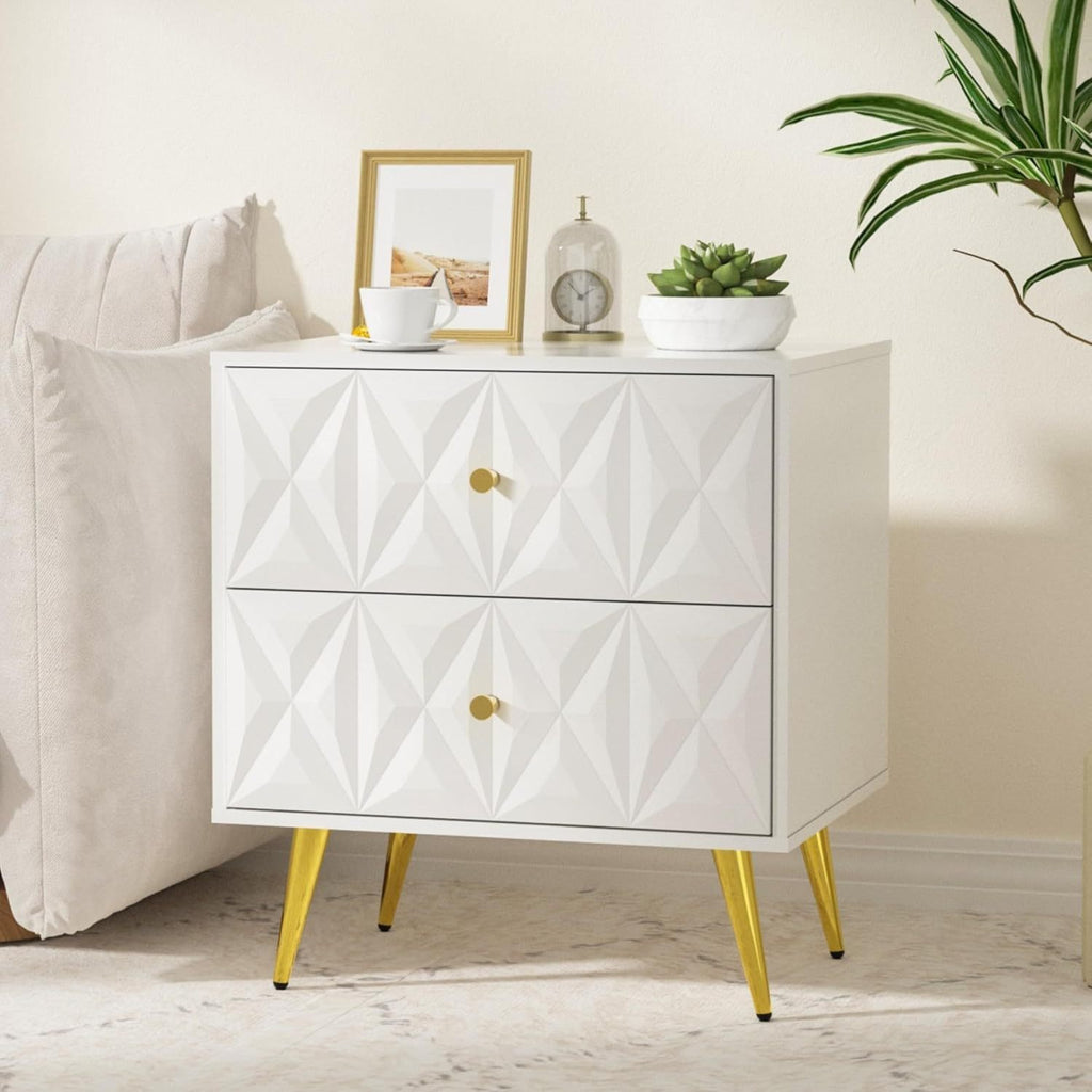 Nightstand, Nightstands with 2 Diamond Pattern Drawers, Modern End Table Side Table with Golden Handle & Legs