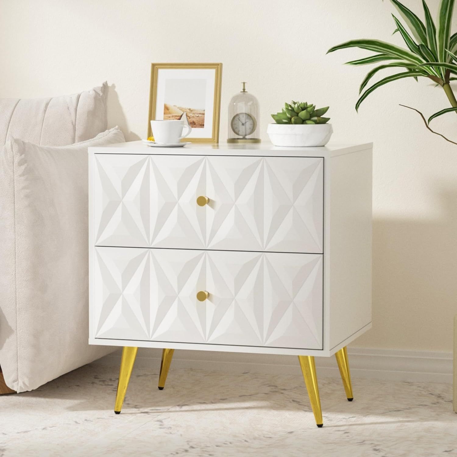 Nightstand, Nightstands with 2 Diamond Pattern Drawers, Modern End Table Side Table with Golden Handle & Legs