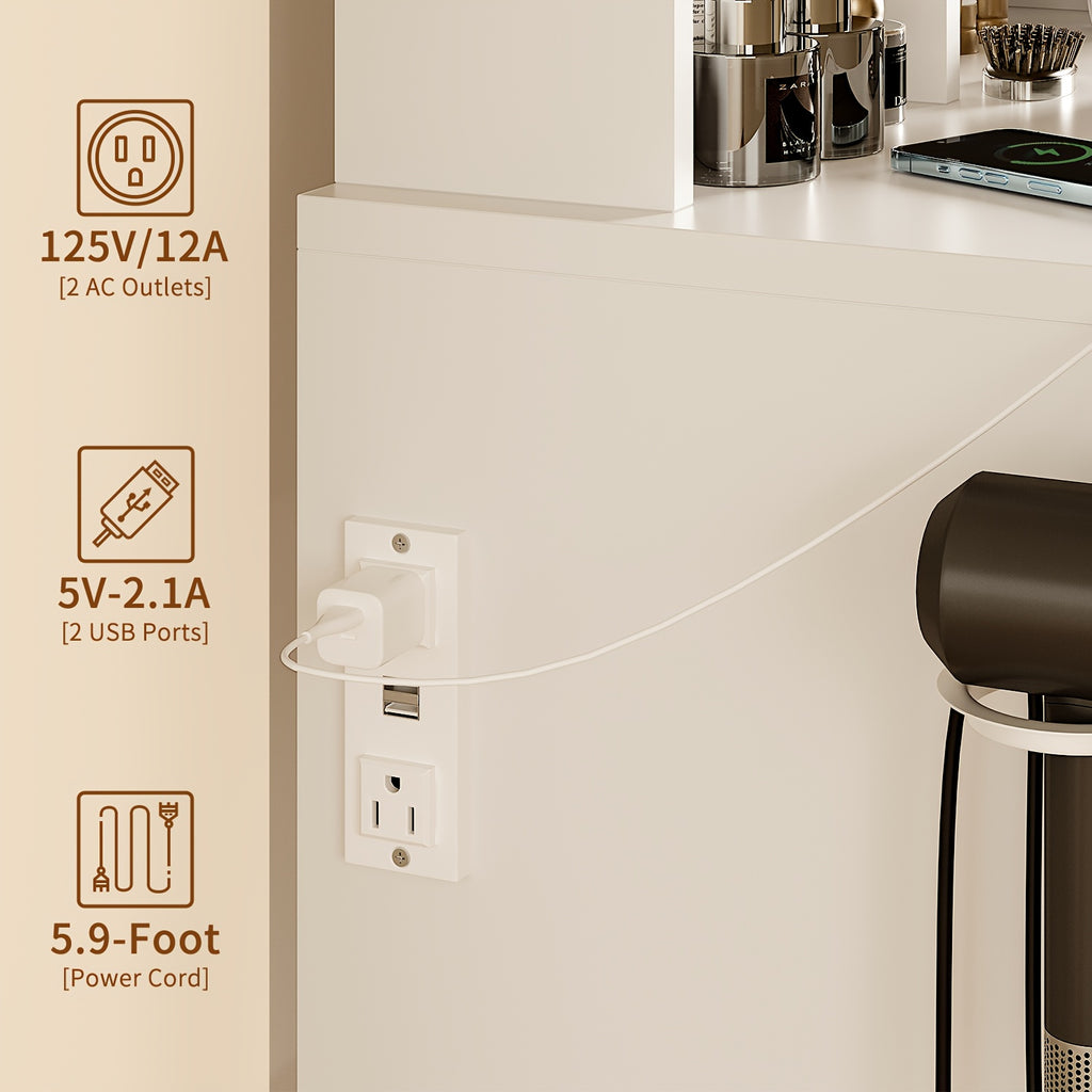 Makeup Vanity Desk With LED Lighted Mirror & Power Outlet, Vanity Table With Storage Cabinet