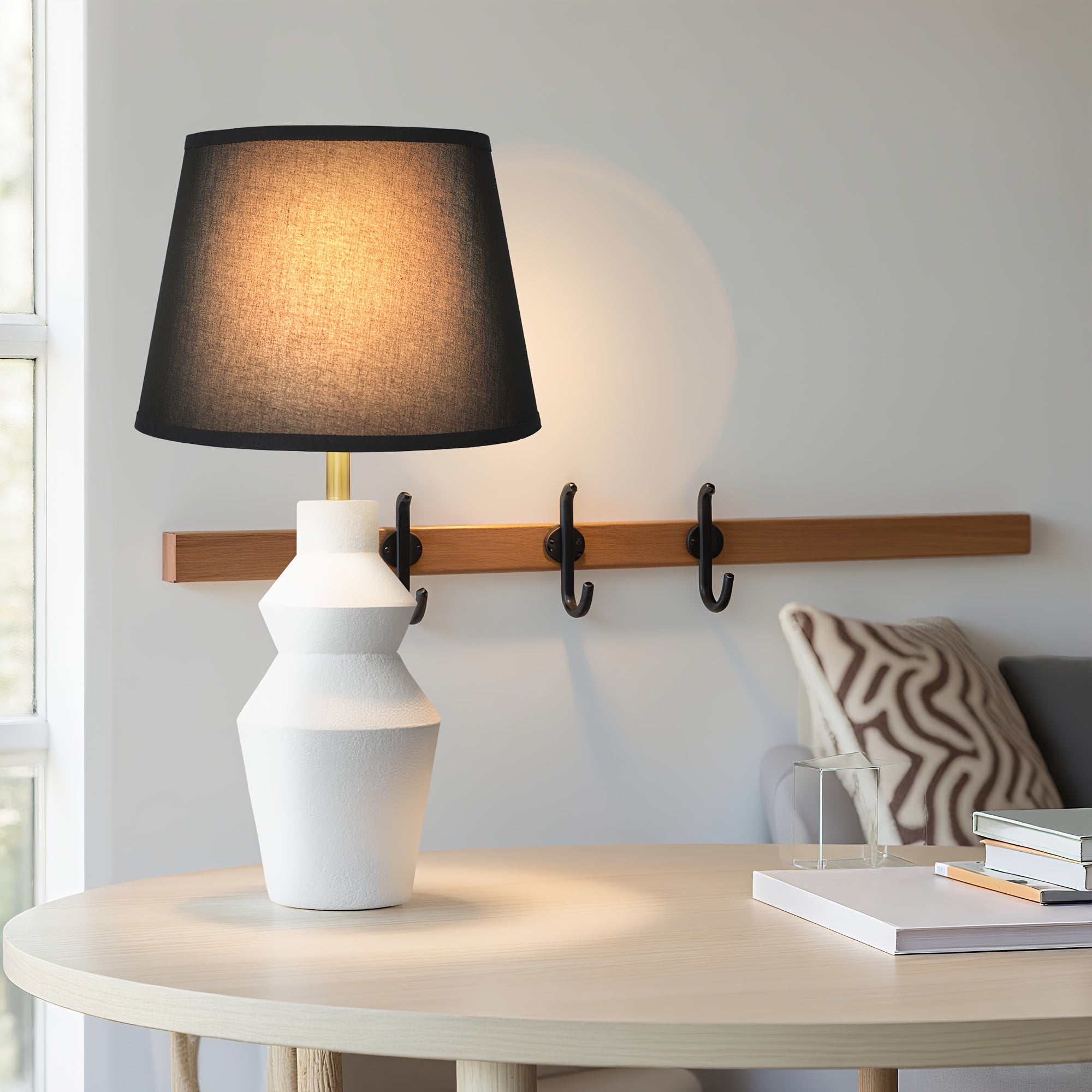 Modern Farmhouse Table Lamp with White Cement Base & Black Linen Shade - Rustic Single Bedside Lamp with Switch