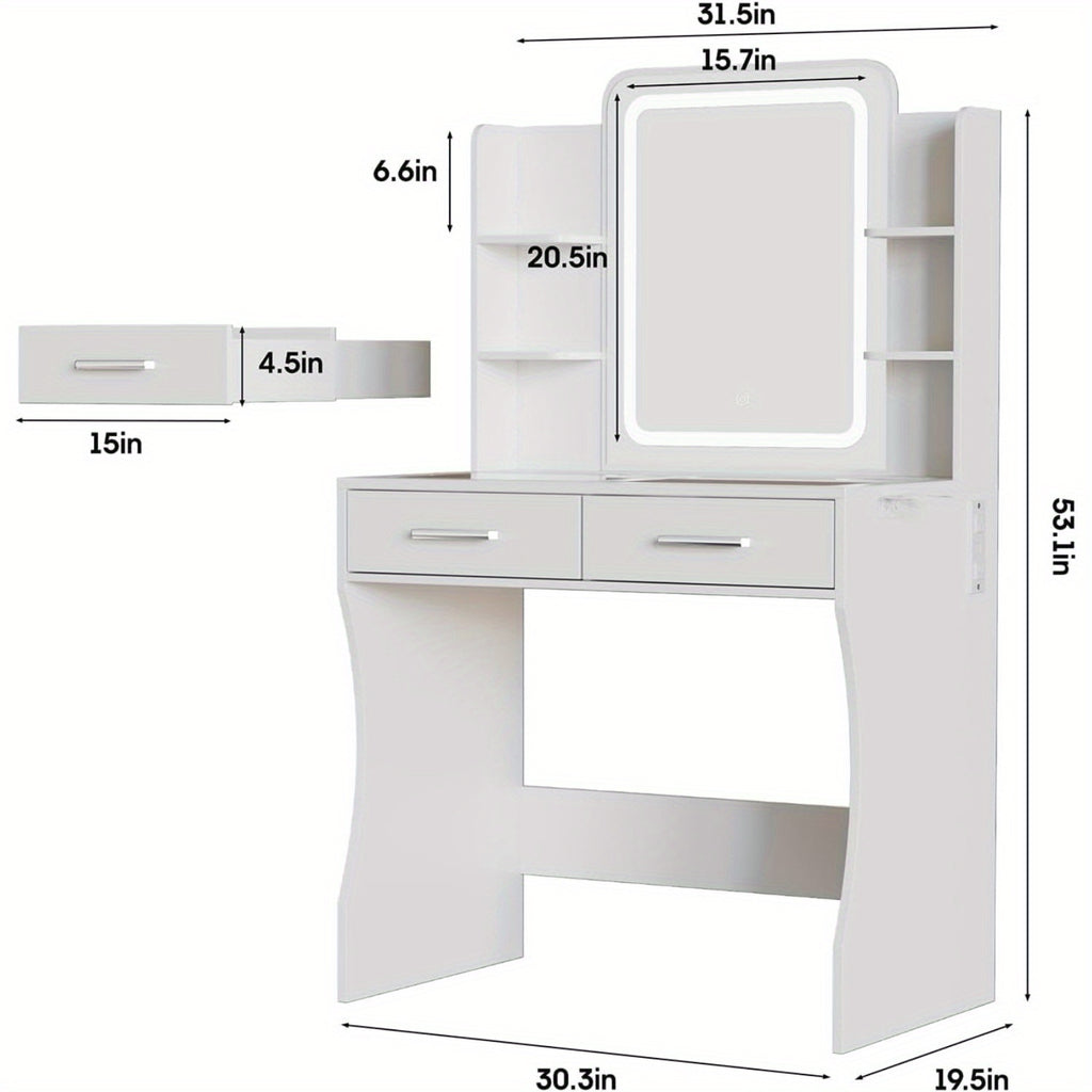 Vanity Desk with Mirror and Lights, Small Vanity Table for Bedroom with Lots Storage, Cute Vanity Makeup Table, 3 Lighting Modes