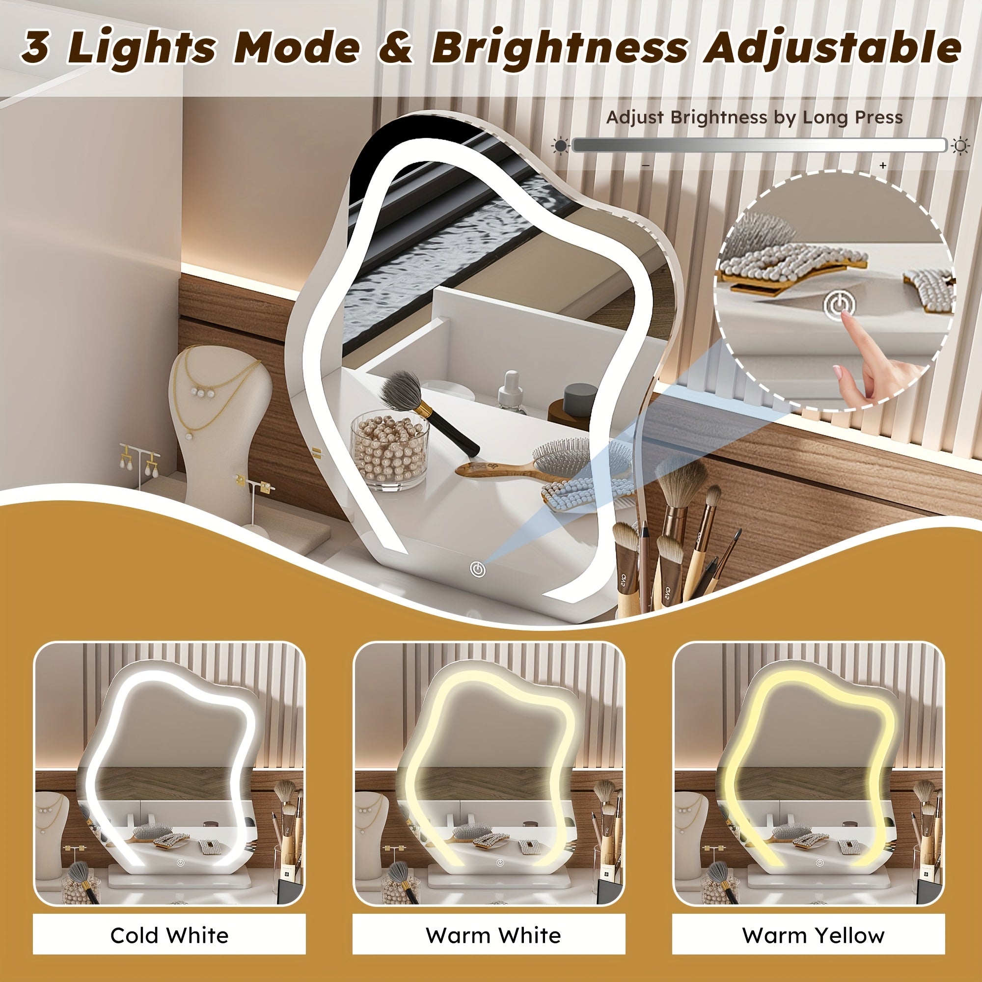 Montary Bedroom Dressing Table, Mirror With LED Light, 3 Storage Drawers, 2 Open Storage Shelves And 4 Cabinets With Transparent Doors