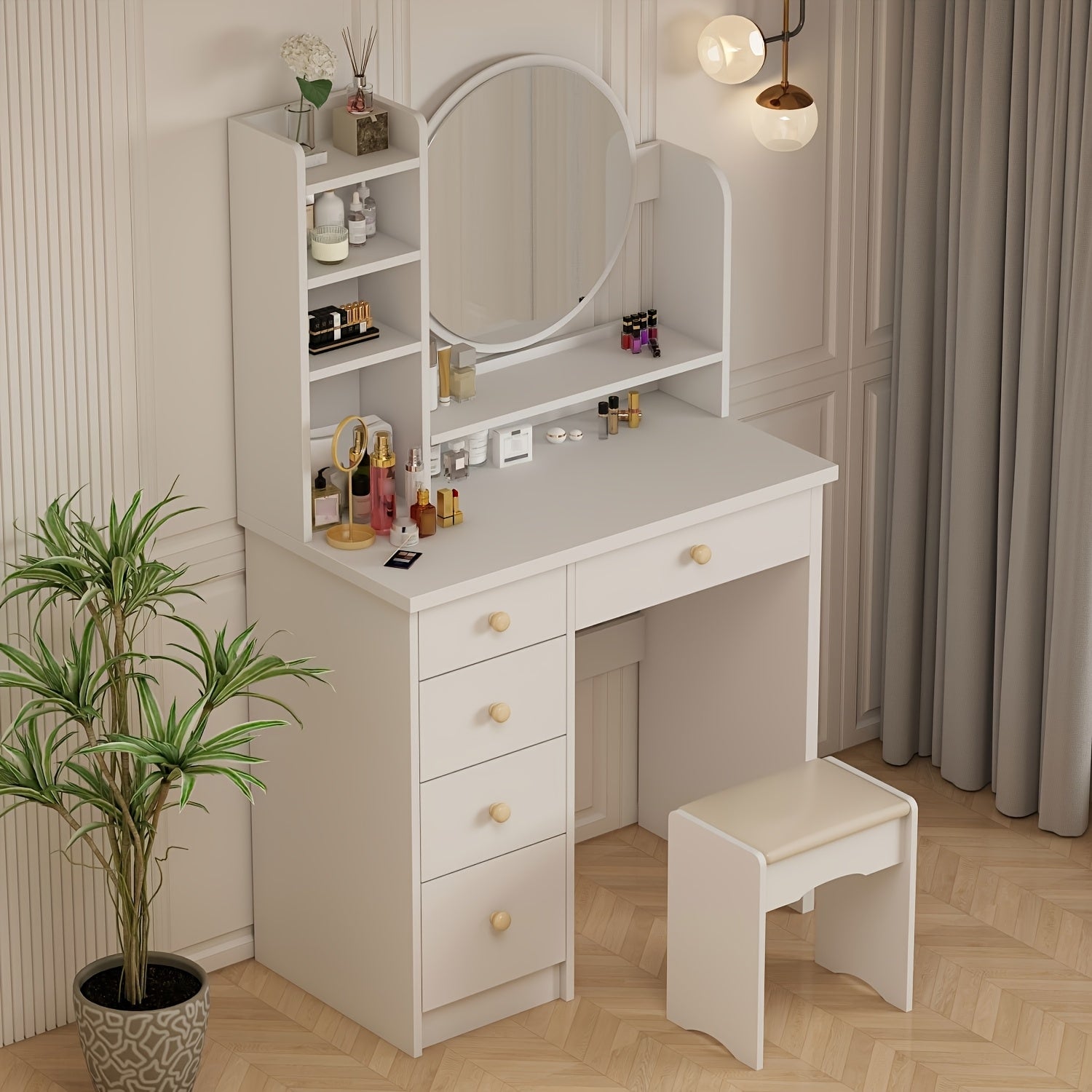 Elegant Makeup Vanity Modern Elegant Makeup Vanity with 5 Drawers | Round Mirror, Stool & Open Storage Shelves - Bedroom Dressing Table