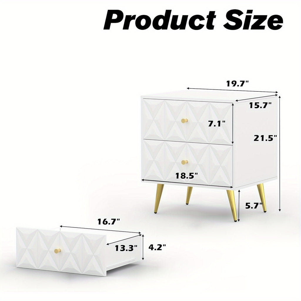 Nightstand, Nightstands with 2 Diamond Pattern Drawers, Modern End Table Side Table with Golden Handle & Legs