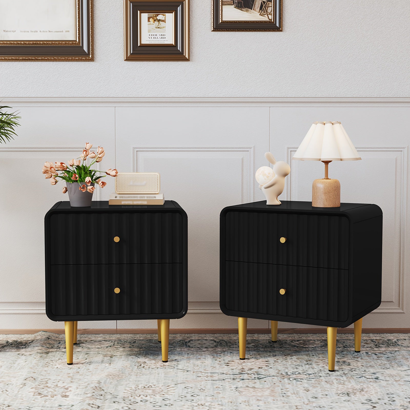 Modern Nightstand, Fluted Bed Side Table with 2 Drawers Storage, Wood End Table with Golden Metal Handle, Night Stands for Bedroom