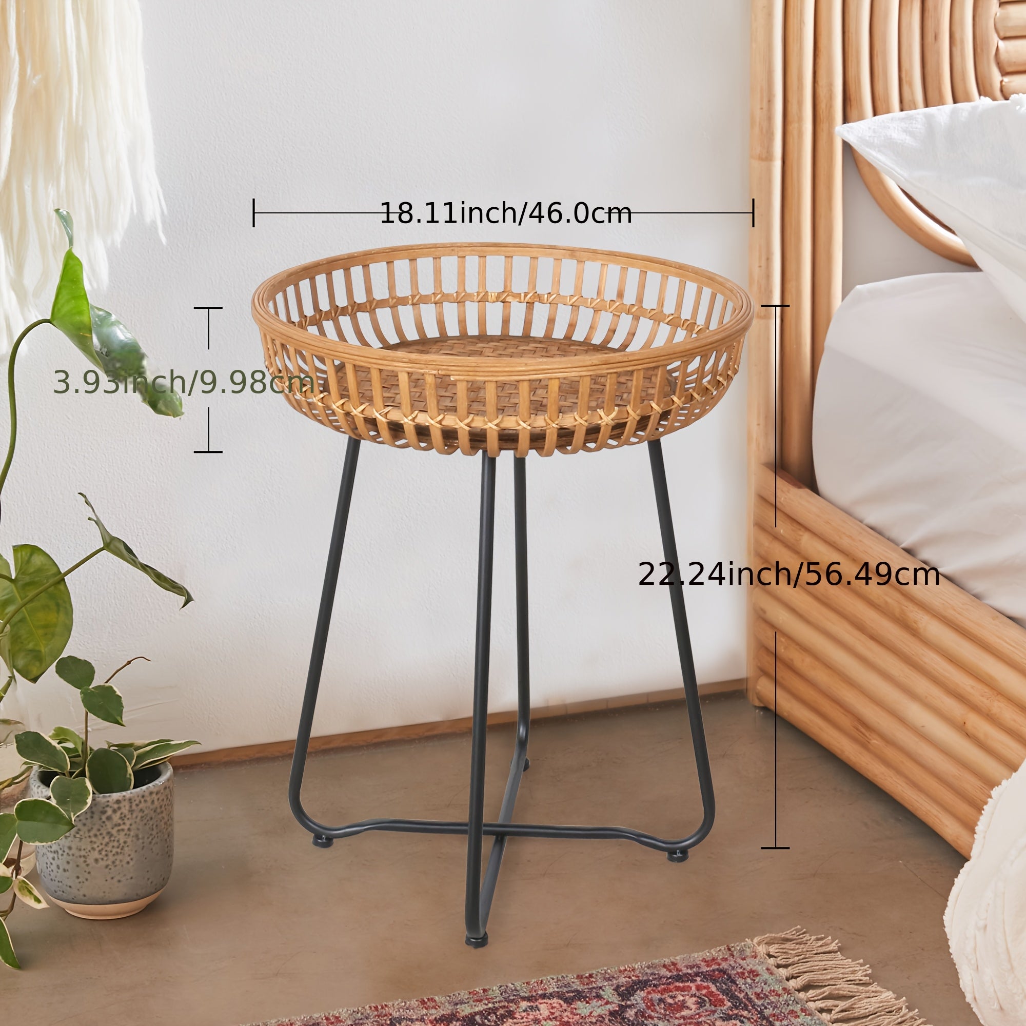 Oakrian Rattan Side Table Nesting Tables Set Of 2, Bamboo Round Table Coffee Table Metal Base End Table for Boho Living Room