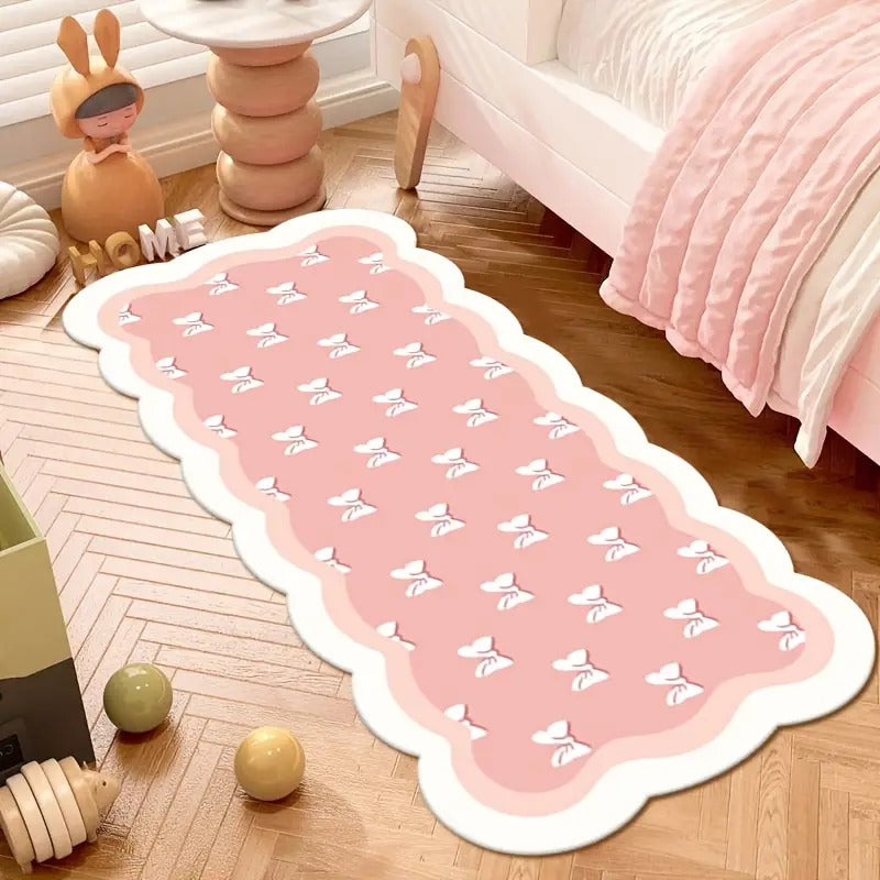 1pc Extra Long Soft Plush Mat - Pastel Pink Floor Mat with Bow Accent, Large Irregular Shape Bedside Mat for Bedroom, Living Room