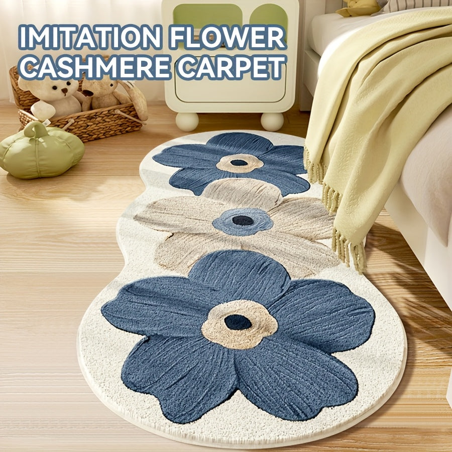 Luxury Soft Plush Mat - 10mm Navy Blue Beige Brown Floral Mat with Non-Slip Backing, Soft Fluffy Mat At The Bedside